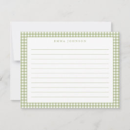 Minimalist Sage Green Gingham Plaid Lined ノートカード