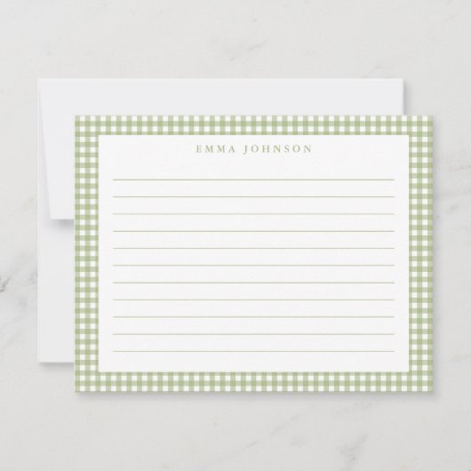 Minimalist Sage Green Gingham Plaid Lined ノートカード (正面)