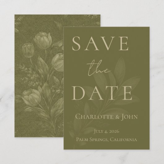 Minimalist Sage Green Save the Date Card セーブザデート (正面/裏面)