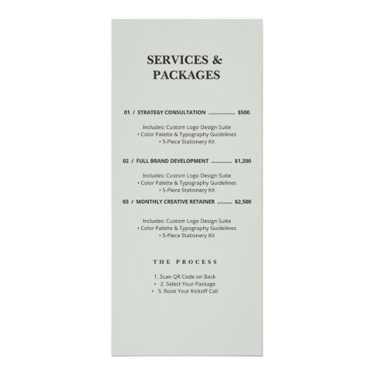 Minimalist Sage Green Services Menu QR Code Rack ラックカード (正面)
