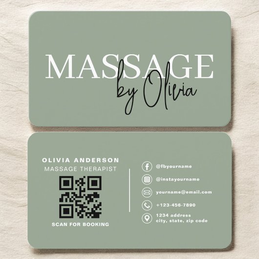 Minimalist Sage Green Spa Massage QR Code 名刺