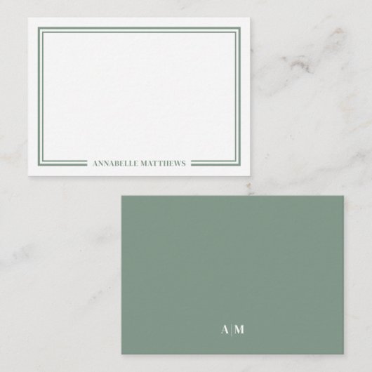 Minimalist Sage Green Two Border Monogram ノートカード (正面/裏面)