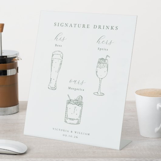 Minimalist Sage Green Wedding Signature Drinks 台座サイン (インサイチュ)