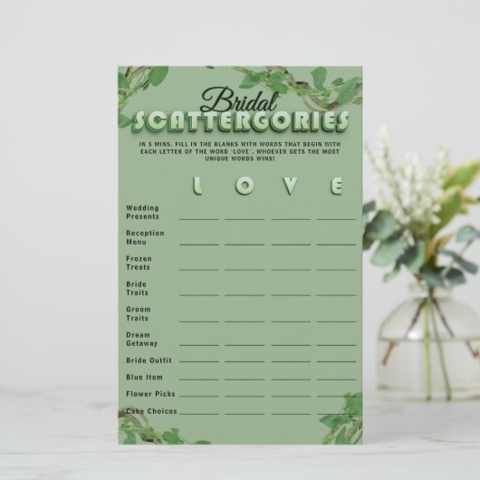 Minimalist Sage Greenery Scattergories Bridal Game (スタンド正面)