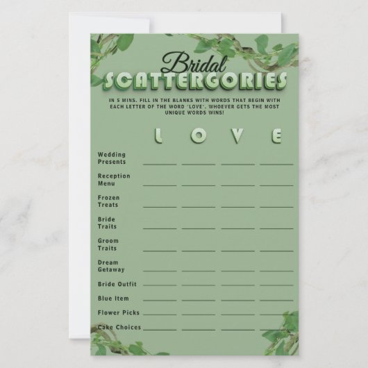 Minimalist Sage Greenery Scattergories Bridal Game (正面)