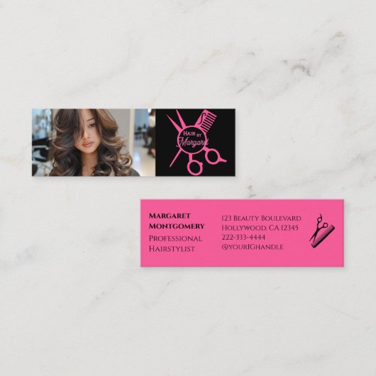 Minimalist Scissors Pink Black Photo Hair Salon スキニー名刺 (正面/裏面)