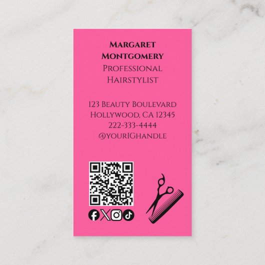 Minimalist Scissors Pink Black QR Code Hair Salon 名刺 (裏面)