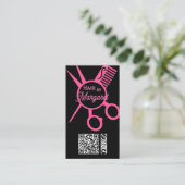 Minimalist Scissors Pink Black QR Code Hair Salon 名刺 (スタンド正面)