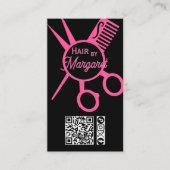Minimalist Scissors Pink Black QR Code Hair Salon 名刺 (正面)