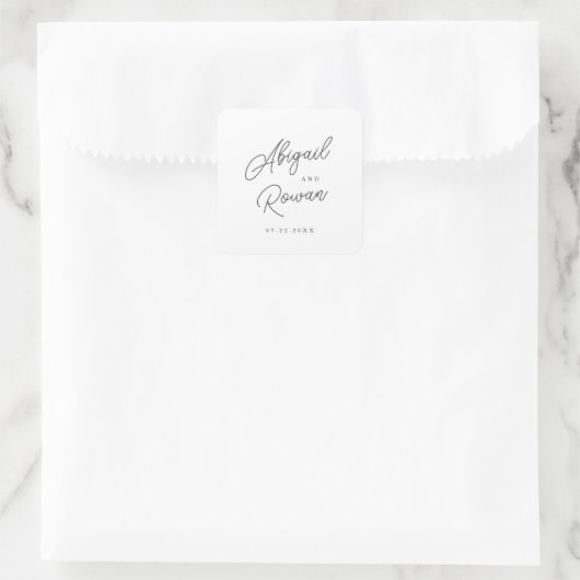 Minimalist Script Black White Wedding Sticker スクエアシール (バッグ)