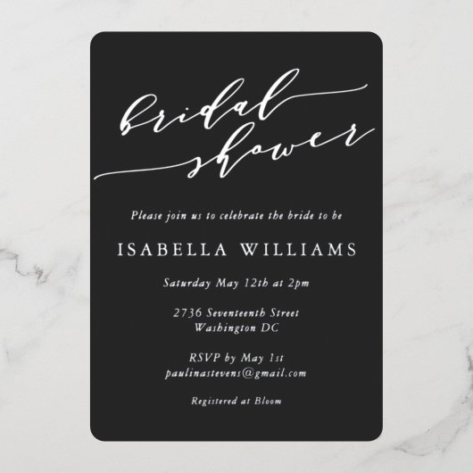 Minimalist Script Bridal Shower Black Silver 箔招待状 (正面)