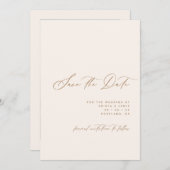 Minimalist Script Ivory & Tan Photo Wedding セーブザデート (正面/裏面)