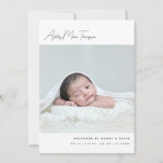 Minimalist Script Lettering 5-Photo Baby Birth 案内状 (正面)