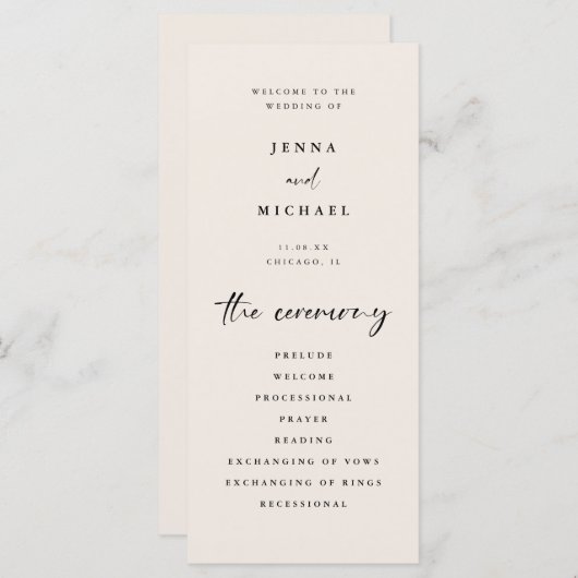 Minimalist Script Light Beige Wedding Ceremony プログラム (正面/裏面)