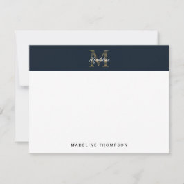 Minimalist Script Metallic Navy Blue Gold Monogram ノートカード