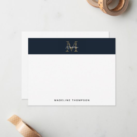 Minimalist Script Metallic Navy Blue Gold Monogram ノートカード (正面/裏面インサイチュ)