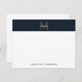 Minimalist Script Metallic Navy Blue Gold Monogram ノートカード (正面/裏面)