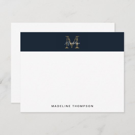 Minimalist Script Metallic Navy Blue Gold Monogram ノートカード (正面/裏面)