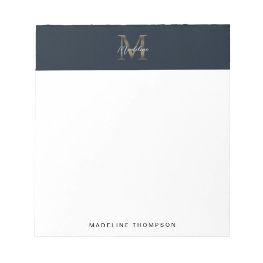 Minimalist Script Metallic Navy Blue Gold Monogram ノートパッド (正面)
