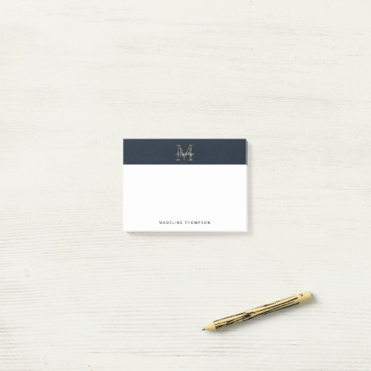 Minimalist Script Metallic Navy Blue Gold Monogram ポストイット (デスク上)