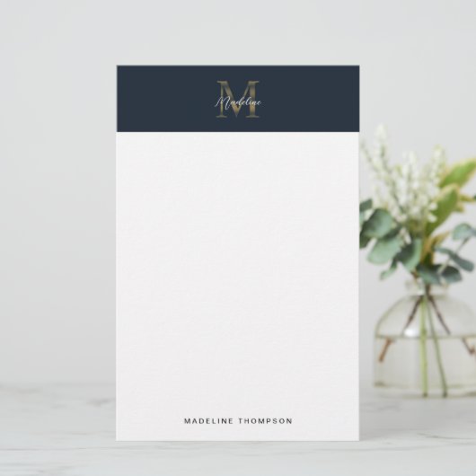 Minimalist Script Metallic Navy Blue Gold Monogram 便箋 (スタンド正面)