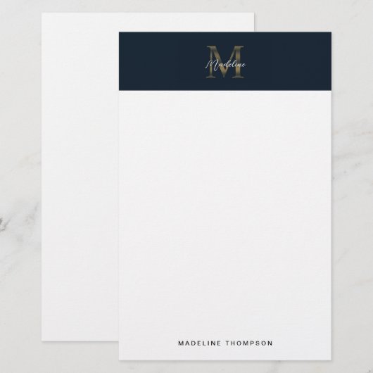 Minimalist Script Metallic Navy Blue Gold Monogram 便箋 (正面/裏面)