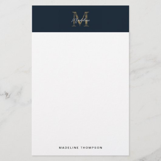Minimalist Script Metallic Navy Blue Gold Monogram 便箋 (正面)