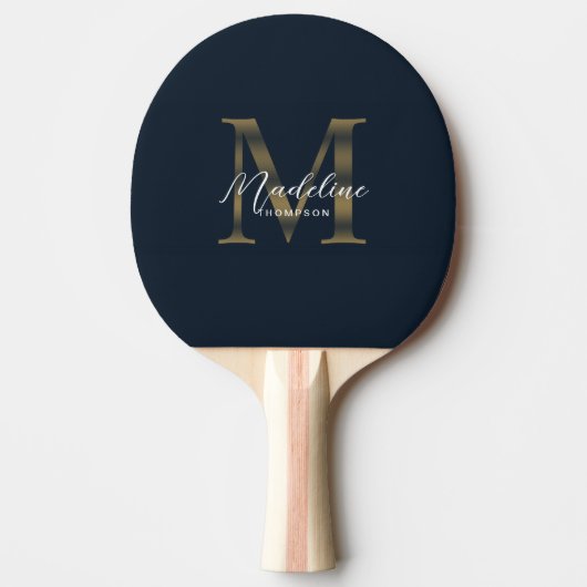 Minimalist Script Metallic Navy Blue Gold Monogram 卓球ラケット (正面)