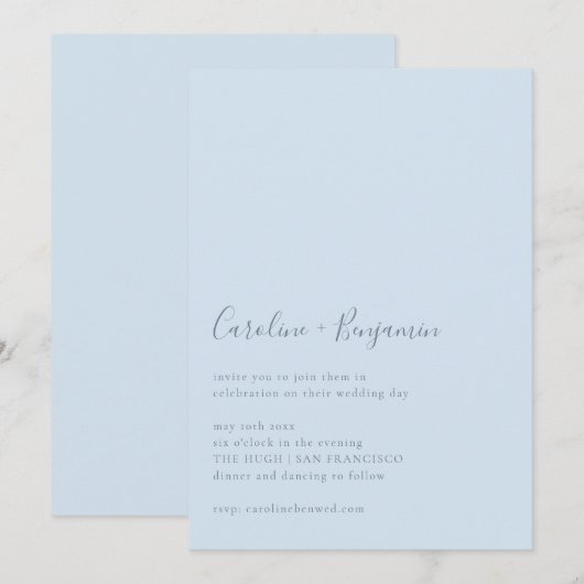 Minimalist Script Modern Simple Soft Blue Wedding 招待状 (正面/裏面)