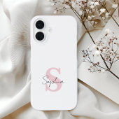 Minimalist Script Name and Pink Monogram Initial iPhone 16ケース