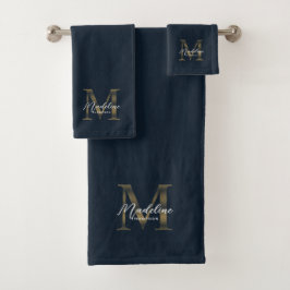 Minimalist Script Navy Blue Metallic Gold Monogram バスタオルセット