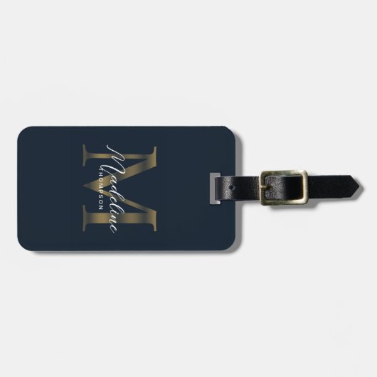 Minimalist Script Navy Blue Metallic Gold Monogram ラゲッジタグ (正面横)