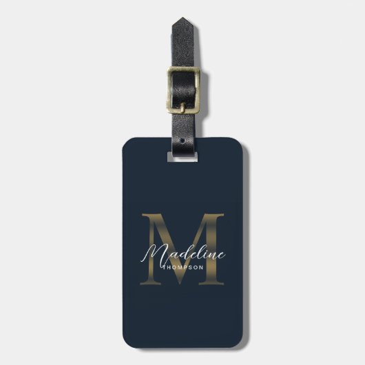 Minimalist Script Navy Blue Metallic Gold Monogram ラゲッジタグ (正面縦)