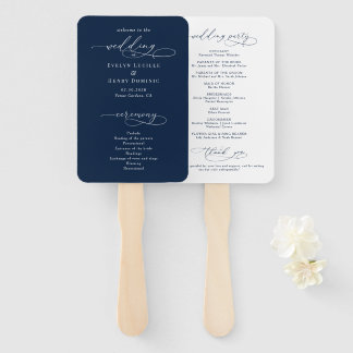 Minimalist Script Navy Blue Wedding Program ハンドファン