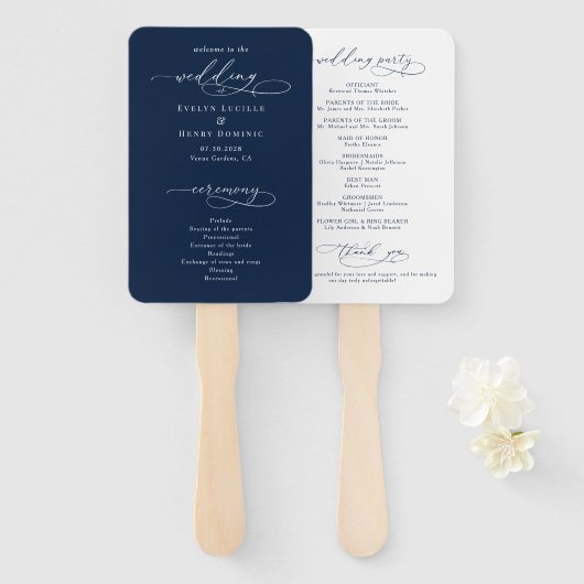 Minimalist Script Navy Blue Wedding Program ハンドファン (正面&裏面)