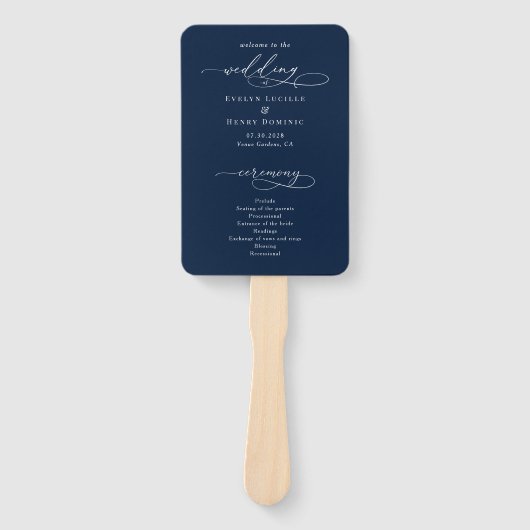 Minimalist Script Navy Blue Wedding Program ハンドファン (正面)