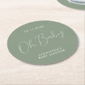 Minimalist Script Sage Green Baby Shower day ラウンドペーパーコースター (アングル)