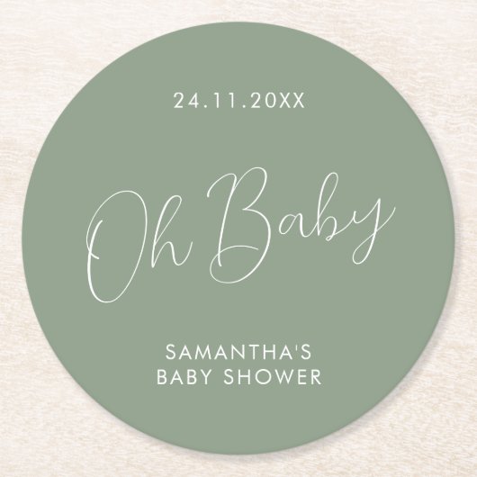 Minimalist Script Sage Green Baby Shower day ラウンドペーパーコースター (正面)