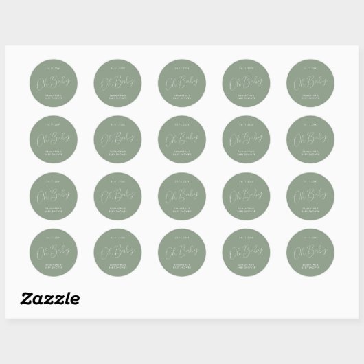 Minimalist Script Sage Green Oh Baby Shower ラウンドシール (シート)