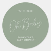 Minimalist Script Sage Green Oh Baby Shower ラウンドシール (正面)