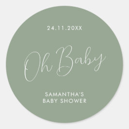 Minimalist Script Sage Green Oh Baby Shower ラウンドシール