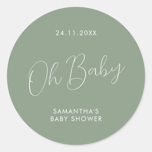 Minimalist Script Sage Green Oh Baby Shower ラウンドシール (正面)