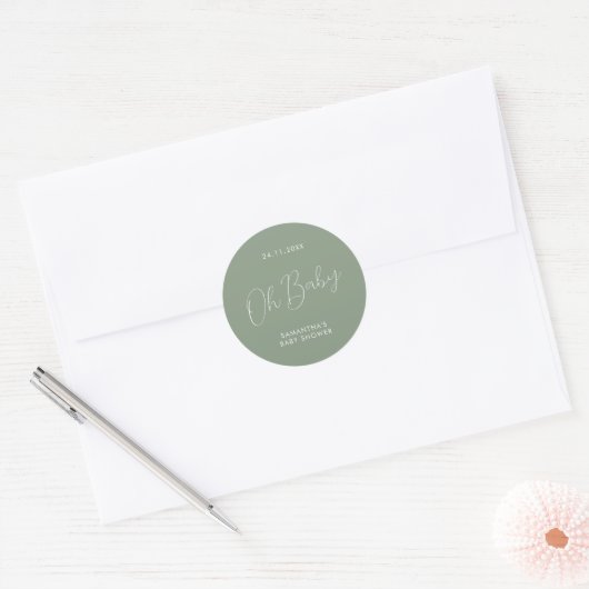 Minimalist Script Sage Green Oh Baby Shower ラウンドシール (封筒)