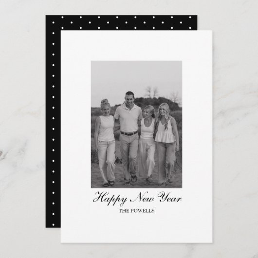 Minimalist Script with Polka Dots Happy New Year  シーズンカード (正面/裏面)