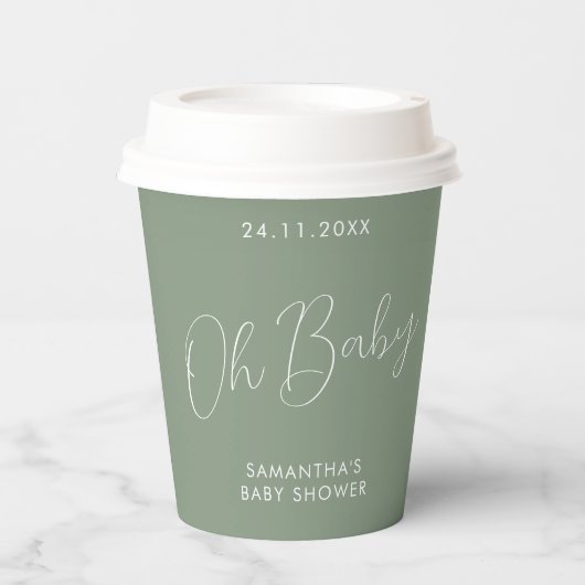 Minimalist Sign Sage Green Oh Baby Shower 紙コップ (正面)
