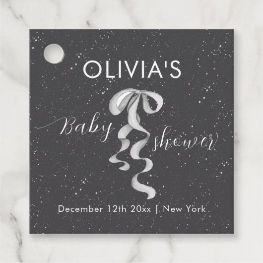 Minimalist Silver Bow Winter Snow Baby Shower フェイバータグ (正面)