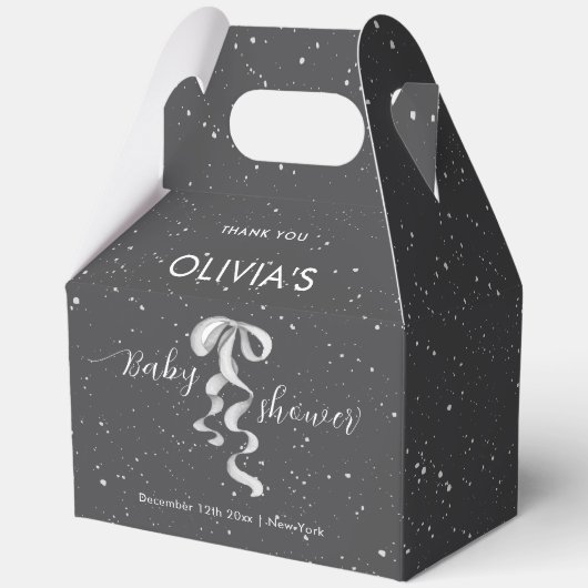Minimalist Silver Bow Winter Snow Baby Shower フェイバーボックス (正面)