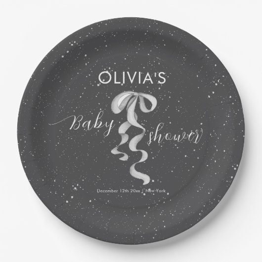 Minimalist Silver Bow Winter Snow Baby Shower ペーパープレート (正面)