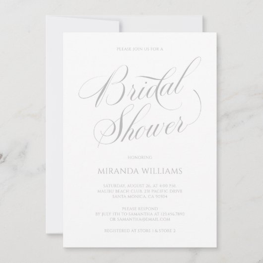 Minimalist Silver Handwritten Script Bridal Shower 招待状 (正面)