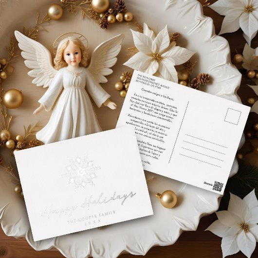 Minimalist Silver Modern Snowflake Initial 箔シーズンポストカード